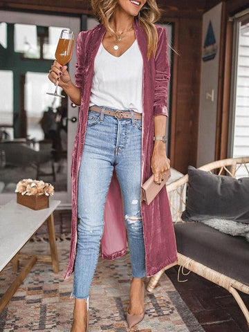 Damen Mäntel Lose Gold Samt Langarm Lange Strickjacke Mäntel 