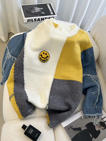 Denim Patchwork Long Sleeve Sweater
