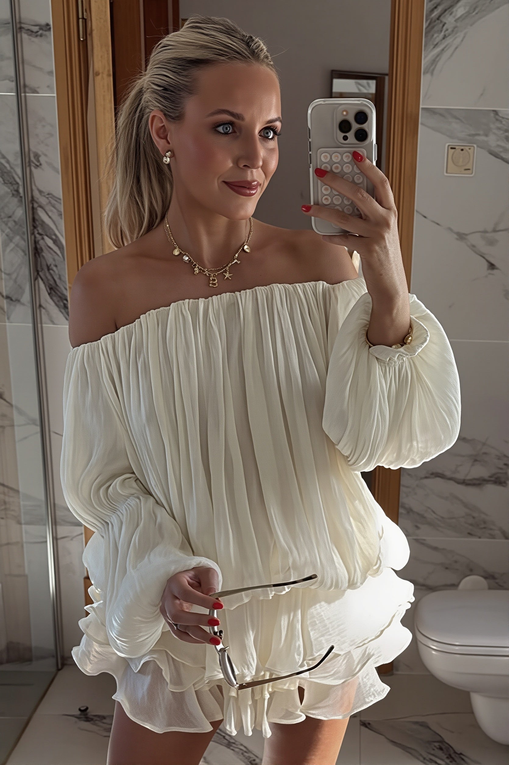 Off Shoulder Ruffle Shiny Fabric Mini Dress
