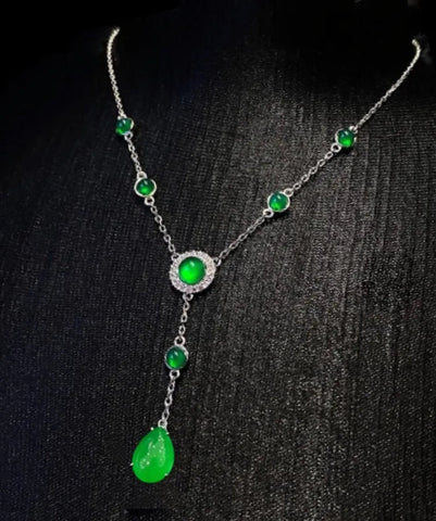 Neu Grün Sterling Silber Overgild Zirkon Jade Quaste Anhänger Halskette 