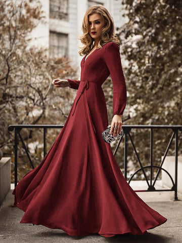 V-Neck Maxi Dress Strong Shoulder Belted A-Line Prom Dresses