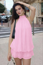 Sexy Halter Neck Backless Solid Color Waist Cinching Puffy Mini Dress