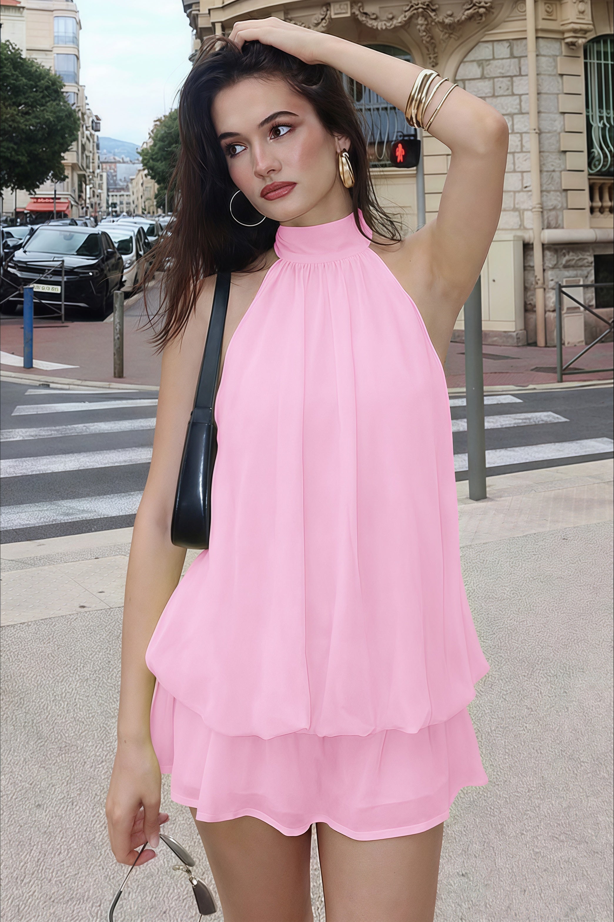 Sexy Halter Neck Backless Solid Color Waist Cinching Puffy Mini Dress