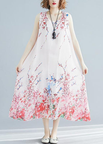 Vestidos maxi con estampado rojo, túnica sin mangas y cuello redondo francés 