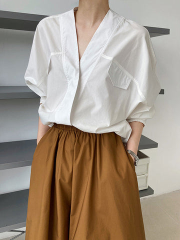 Trendy Fledermausärmel Einfarbige Blusen mit V-Ausschnitt 