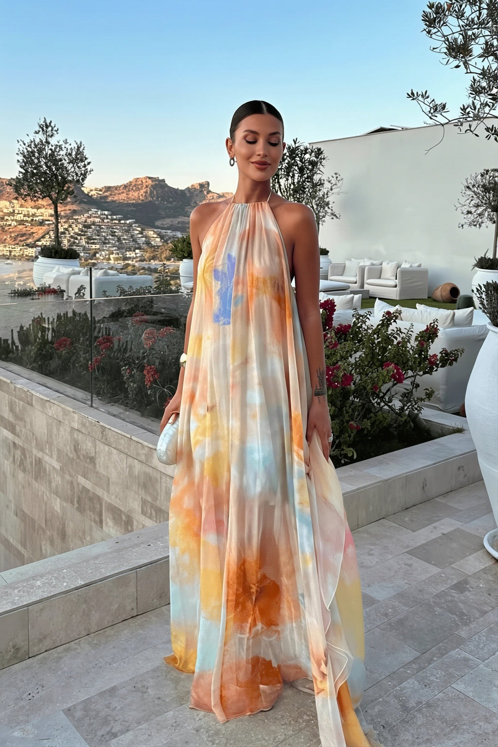 Chiffon Printed Halter Backless Maxi Dress
