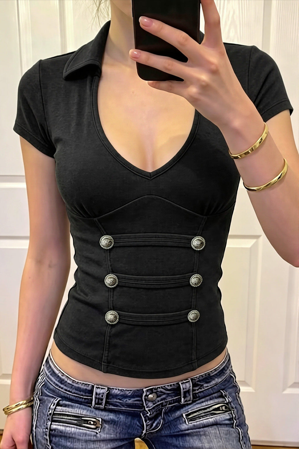 Double Button V Neck Fitted Blouse