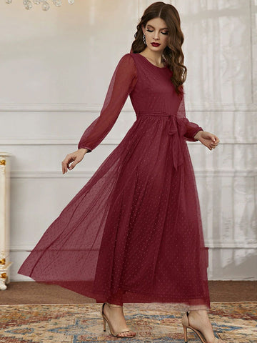 Maxi Dress Jewel Neck Long Sleeves Casual Sheer Sash Long Dress