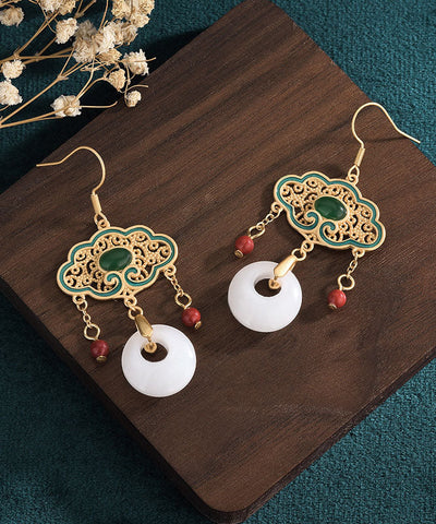 Pendientes colgantes con borla y hebilla de ping, de aleación blanca, con incrustaciones de gemas, jade y esmalte cloisonné. 