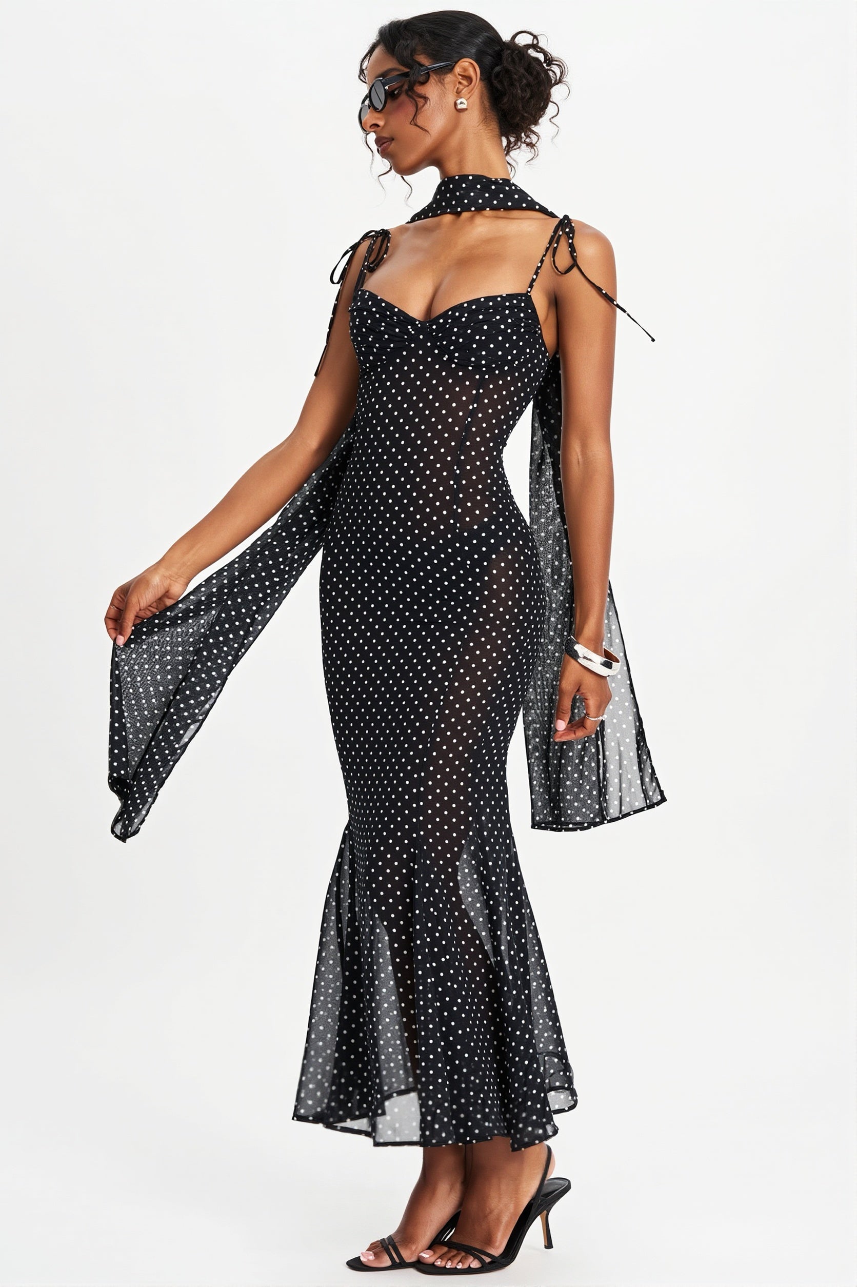Polka Dot  Ribbon Sheer Bodycon Maxi Dress