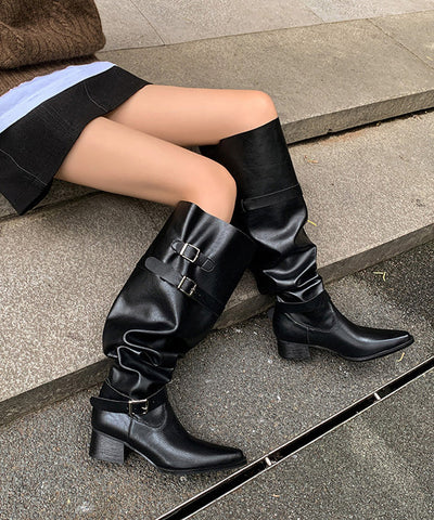 Damen New Splicing Buckle Chunky Boots Schwarz Kunstleder 