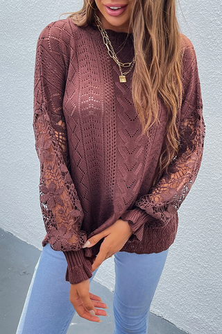 Casual Solid Lace Hollowed Out O Neck Tops Sweater(4 Colors)