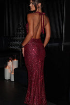 Sequin Deep V Halter Bodycon Maxi Dress
