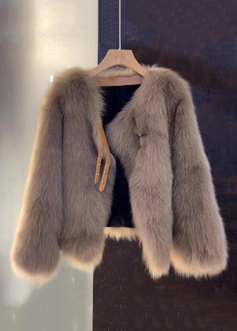 Frauen Kaffee Knopf Leder und Pelz Mantel Langarm 