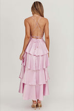 Satin V-Neck Cami Tiered Slim Maxi Dress