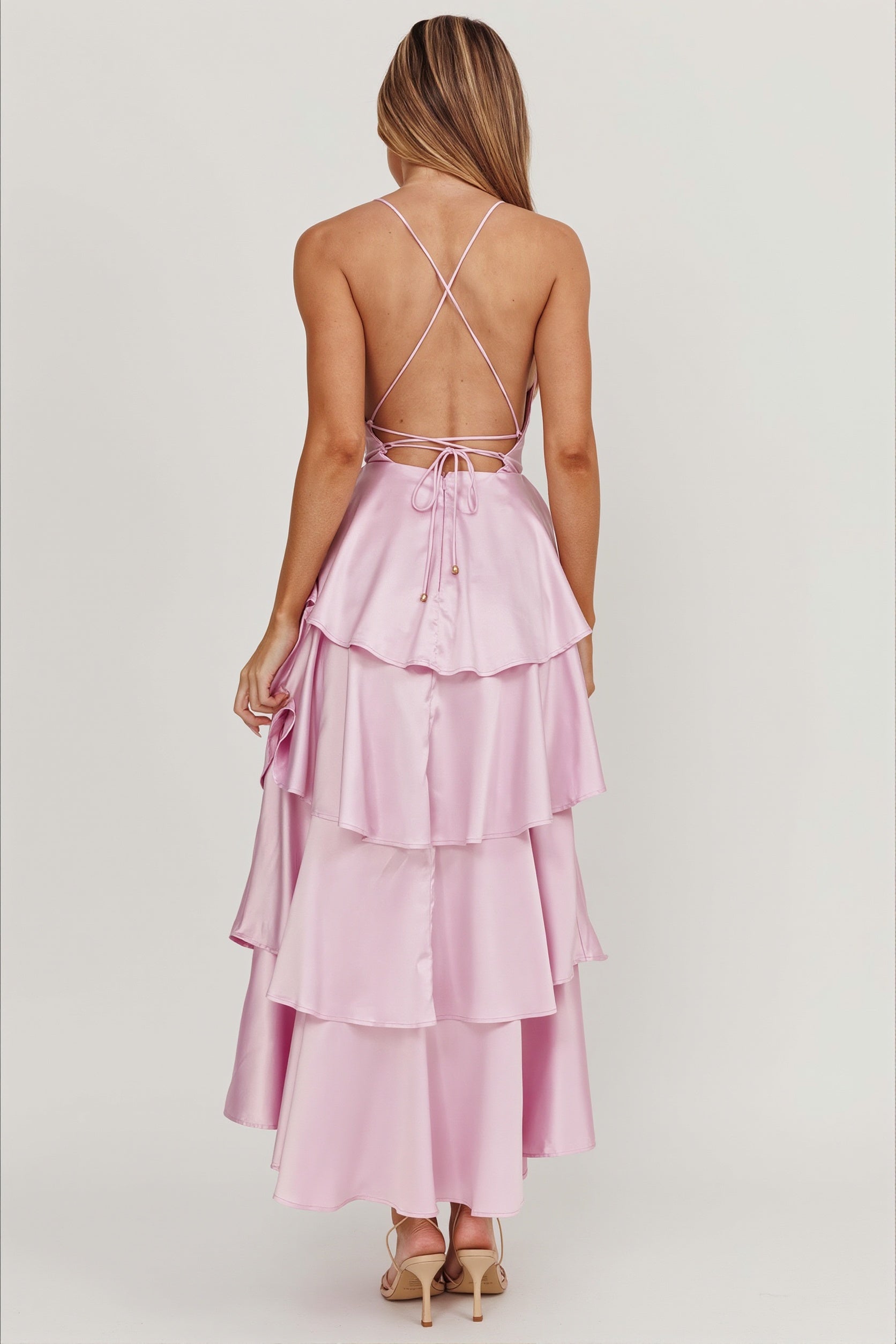 Satin V-Neck Cami Tiered Slim Maxi Dress
