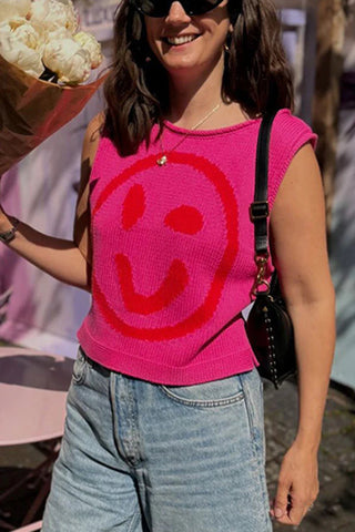 Camiseta sin mangas suelta y versátil con estampado único de cara feliz 