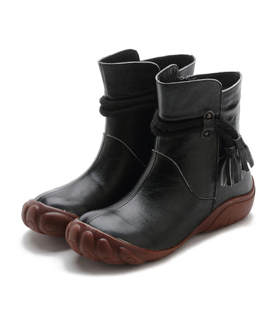 Schwarze, bequeme Retro-Stiefel aus Rindsleder mit Quastenspleiß 