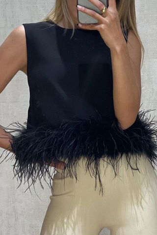 Casual Solid Feathers O Neck Tops(5 Colors)