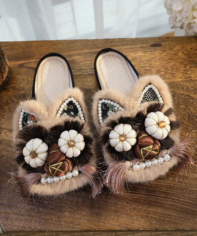 Frauen Spleißen Hausschuhe Schuhe Kaffee Stickerei Quaste 