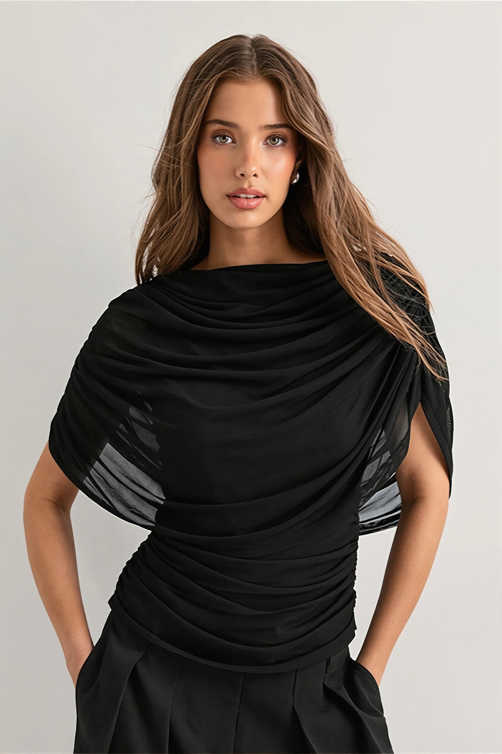 Solid Sheer Ruffle Scarf Neck Blouse