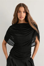 Solid Sheer Ruffle Scarf Neck Blouse