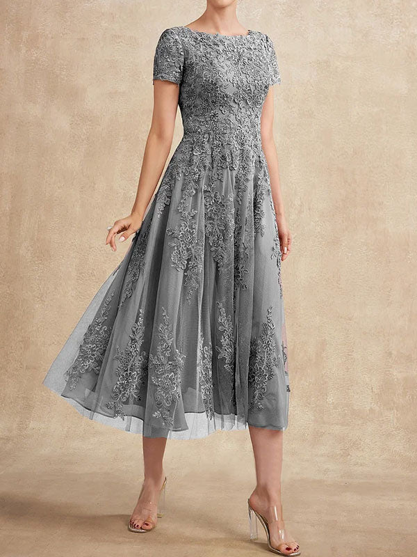 A-Linien-Kleid aus Tüllspitze mit Rundhalsausschnitt und Teelänge für die Mutter der Braut 