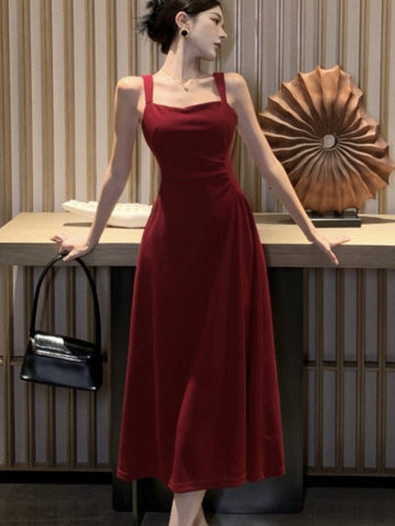 Elegante vestido midi liso de verano para mujer, con tirantes finos, cuello cuadrado, cintura alta, ajustado, para fiesta de noche, vestido de graduación, nuevo 