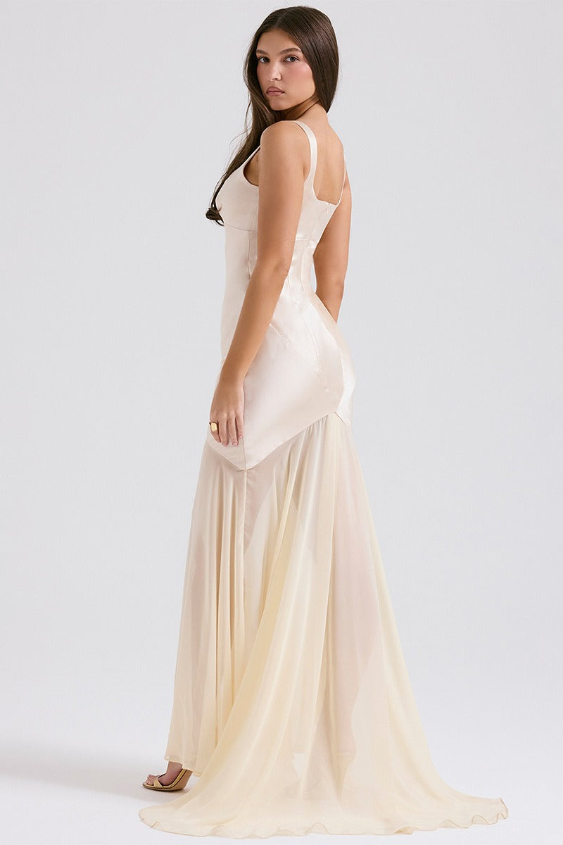 Elegant Flowy Satin Chiffon Patchwork Cami Bodycon Maxi Dress