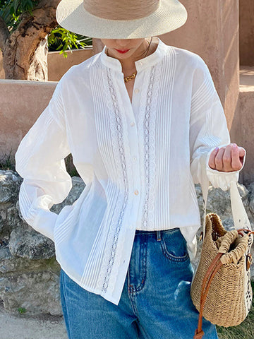 Long Sleeves Loose Buttoned Pleated Solid Color Split-Joint Stand Collar Blouses&Shirts Tops