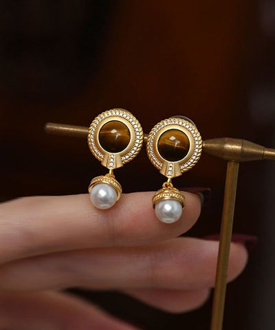 Elegant Gold Sterling Silver Overgild Pearl Tassel Drop Earrings