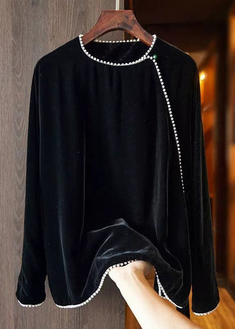 Tops holgados de terciopelo de seda con patchwork de perlas y cuello redondo en negro para otoño 