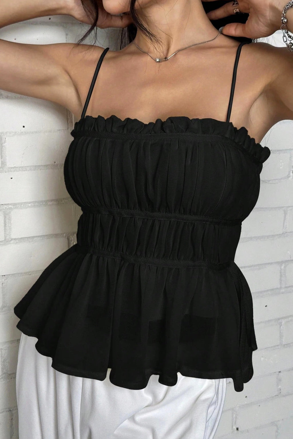 Elegant Multi Ruffle Solid Cami Top