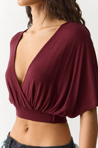 Deep V Ruched Batwing Cropped Blouse