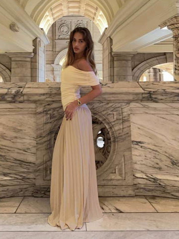 Tossy Women's Pleated Off Shoulder Elegant Bodycon Maxi Dress High Waist Slim Short Sleeve Casual Beach Party Dresses Lady 2024