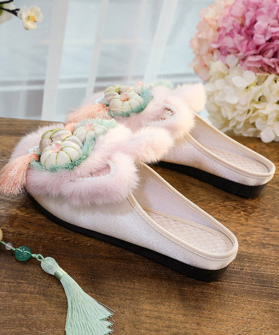 Handgemachte bequeme Spleißen Tiger Kopf Hausschuhe Schuhe rosa Quaste Nagel Perle 