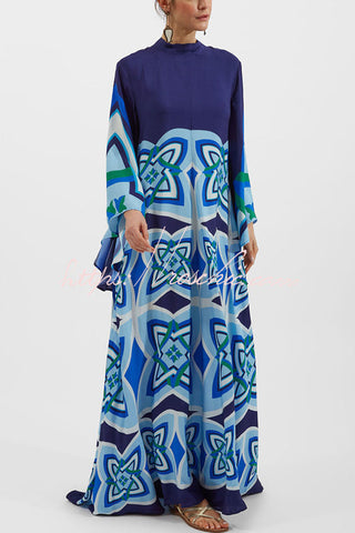 Shine The Light Unique Printed High Neck Bell Sleeve Loose Maxi Dress