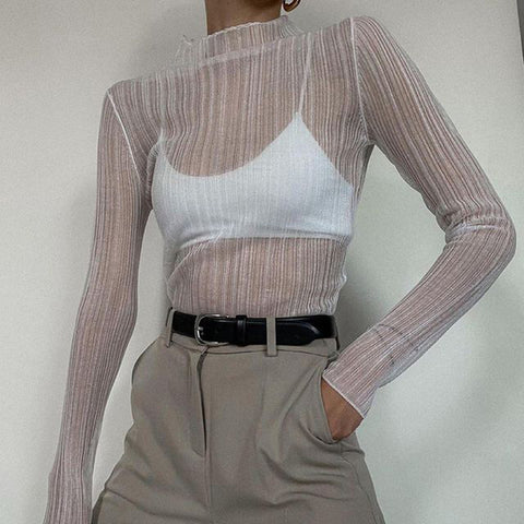 Otoño 2024, elegantes camisetas transparentes de manga larga con cuello alto para mujer, moda urbana, camisetas sexys, ropa ajustada 