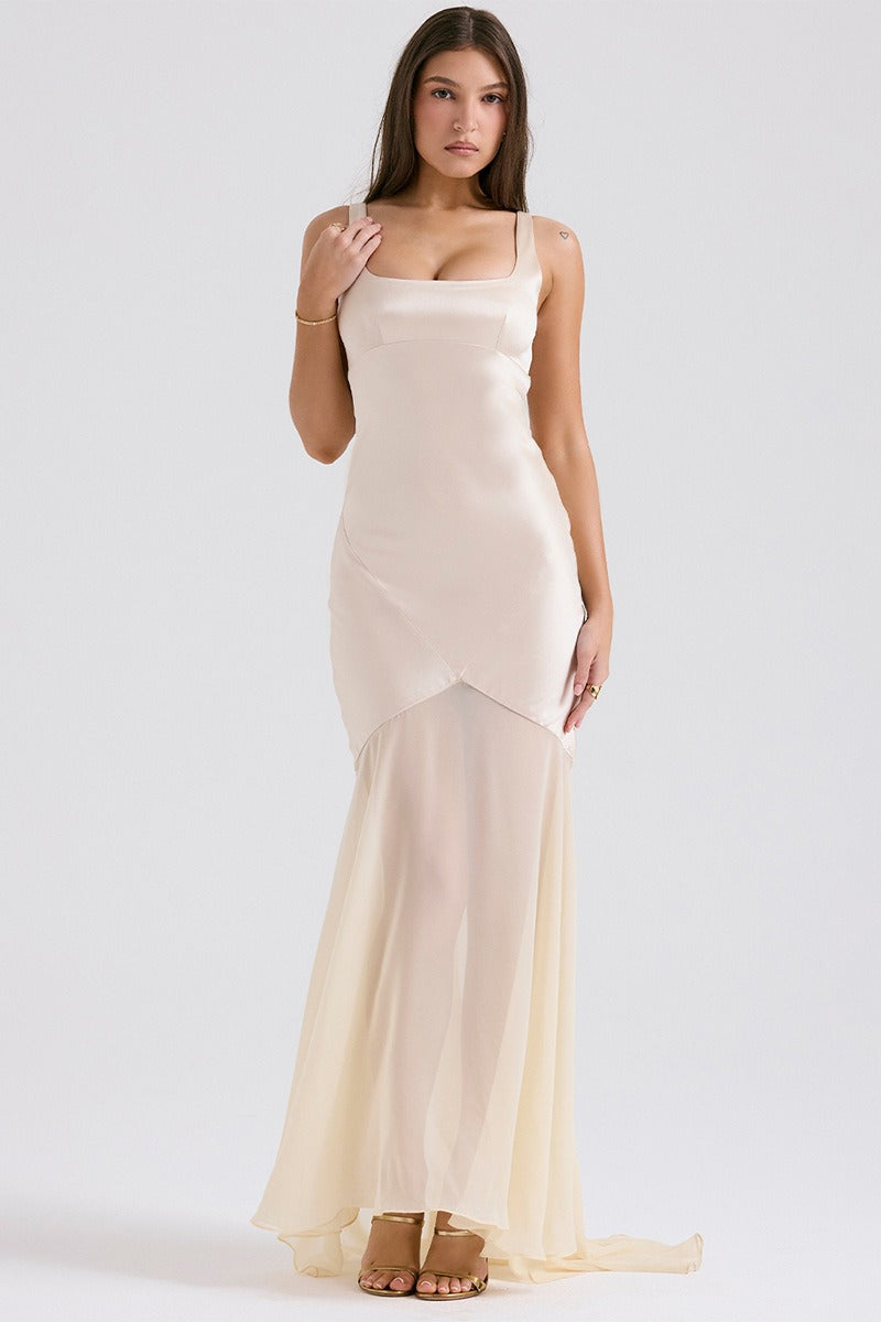 Elegant Flowy Satin Chiffon Patchwork Cami Bodycon Maxi Dress