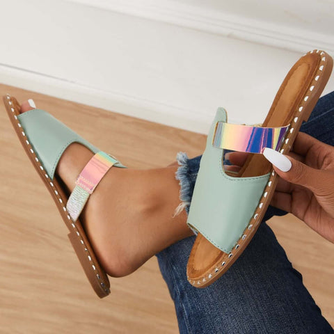Bunte, offene Zehenpartie zum Hineinschlüpfen, flache Hausschuhe, Slide-Sandalen 