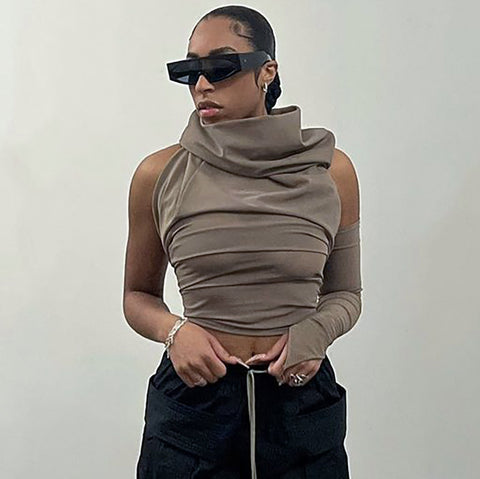 Cutenova Pile Collar Backless Streetwear Women T-shirts One-sleeve Hooded Vintage Solid Crop Tops Slim Casual Fashion Clothing
