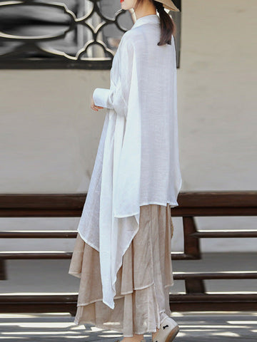 Loose Raglan Sleeve See-Through Solid Color Split-Joint Split-Side Lapel Blouses
