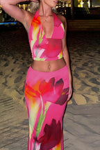 Halter Neck Printed Crop Top Bodycon Maxi Dress