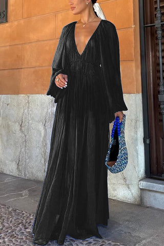 Vestido largo de gasa con cintura fruncida y fruncido 