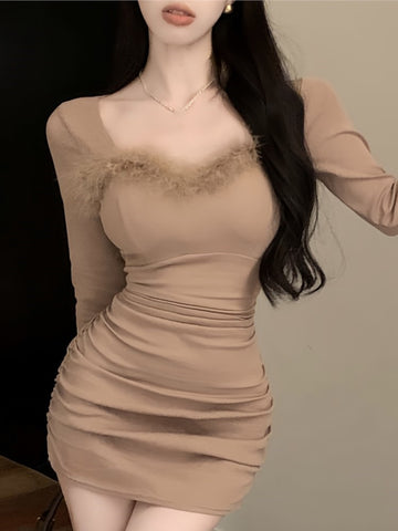 Sexy Minikleid Frauen Langarm Faur Pelz Patchwork Quadrat Kragen Wrap Hüfte Herbst Frühling Koreanischen Stil Y2K Schlank Solide Vestisos 