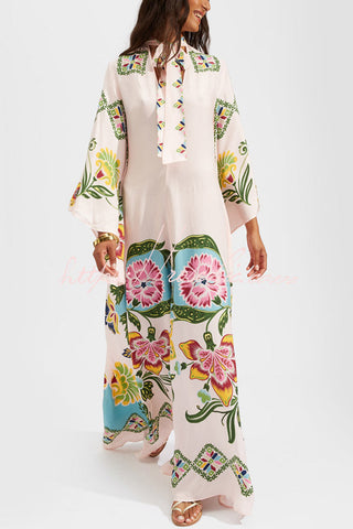 Shine The Light Unique Printed High Neck Bell Sleeve Loose Maxi Dress