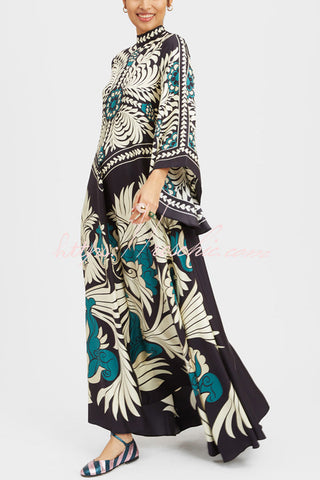 Shine The Light Unique Printed High Neck Bell Sleeve Loose Maxi Dress