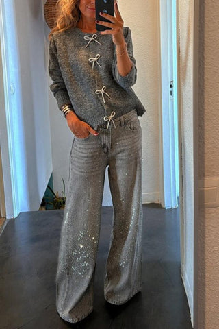 Cárdigan holgado de manga larga con diseño de lazo delantero de punto Paris Mornings 