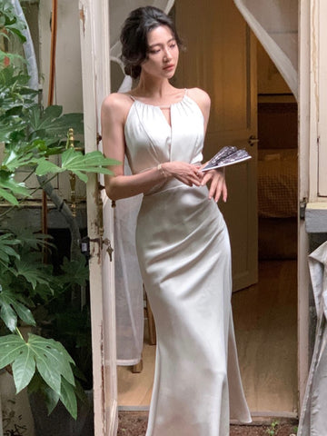 Nuevo vestido midi de verano para mujer, elegante, sin mangas, liso, con cuello halter, ajustado, de sirena, para fiesta de noche, vestido de graduación, vestido de una pieza 
