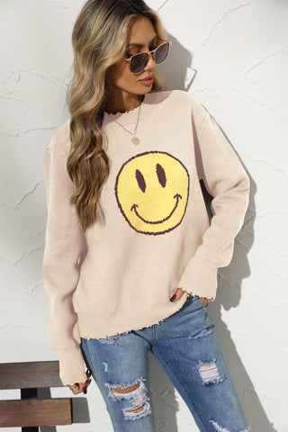 Suéter de punto holgado con cuello redondo de algodón y carita sonriente para mujer de oficina, estilo europeo 
